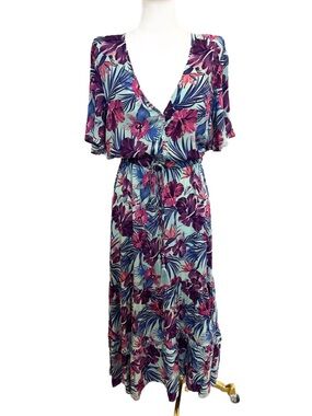 Sunday Mi Amor, Tropical Floral Maxi Dress in Aqua,Purple,Pink,Blue